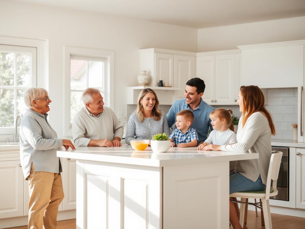 A multi-generational family laughing together in a bright kitchen