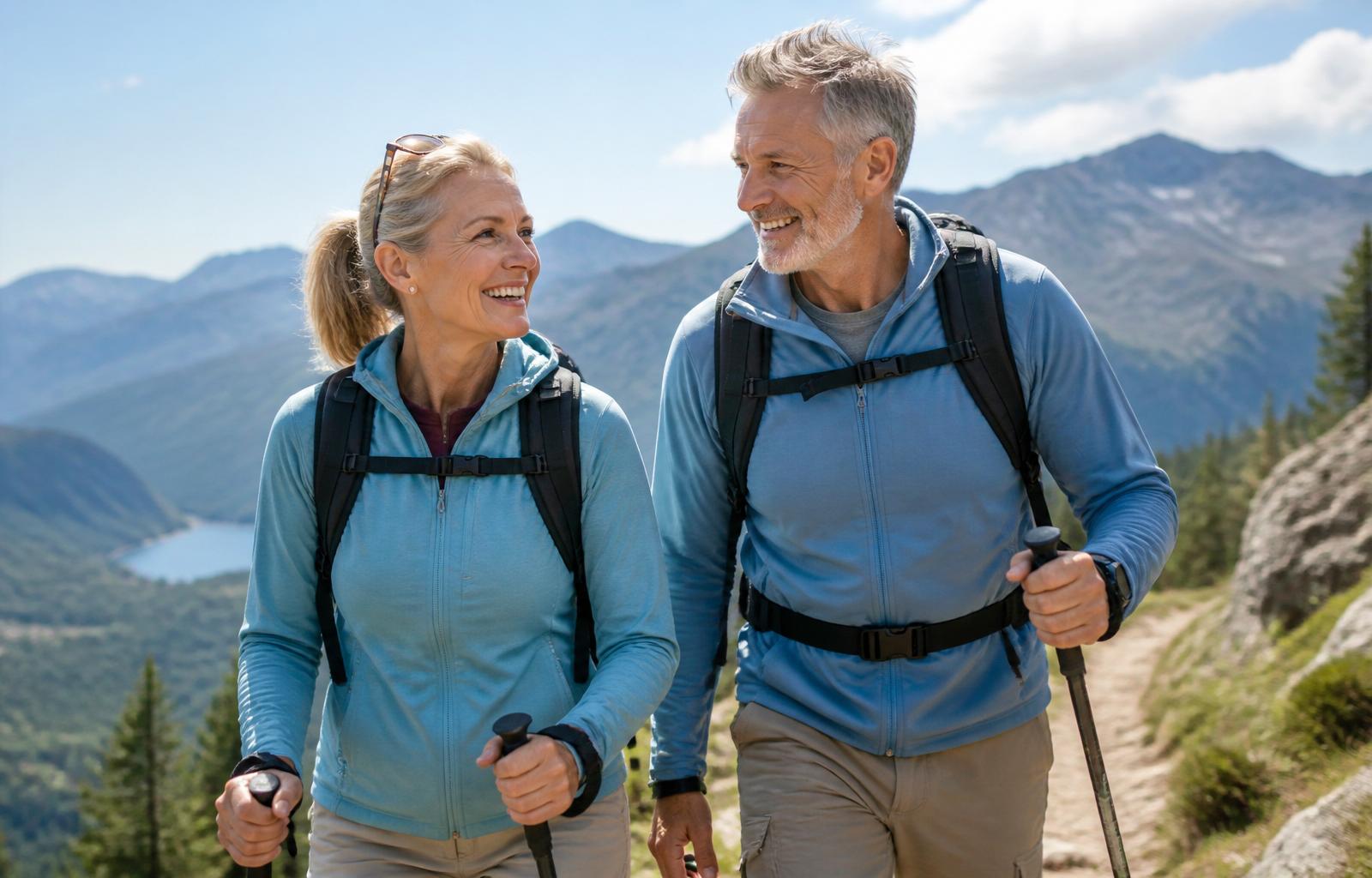 An early-retiree couple hiking together on a sunlit mountain trail